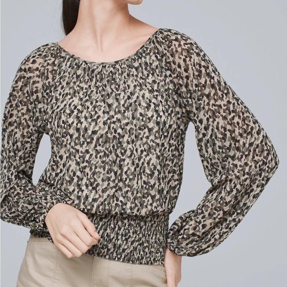White House Black Market Camouflage Smoked Mesh Top